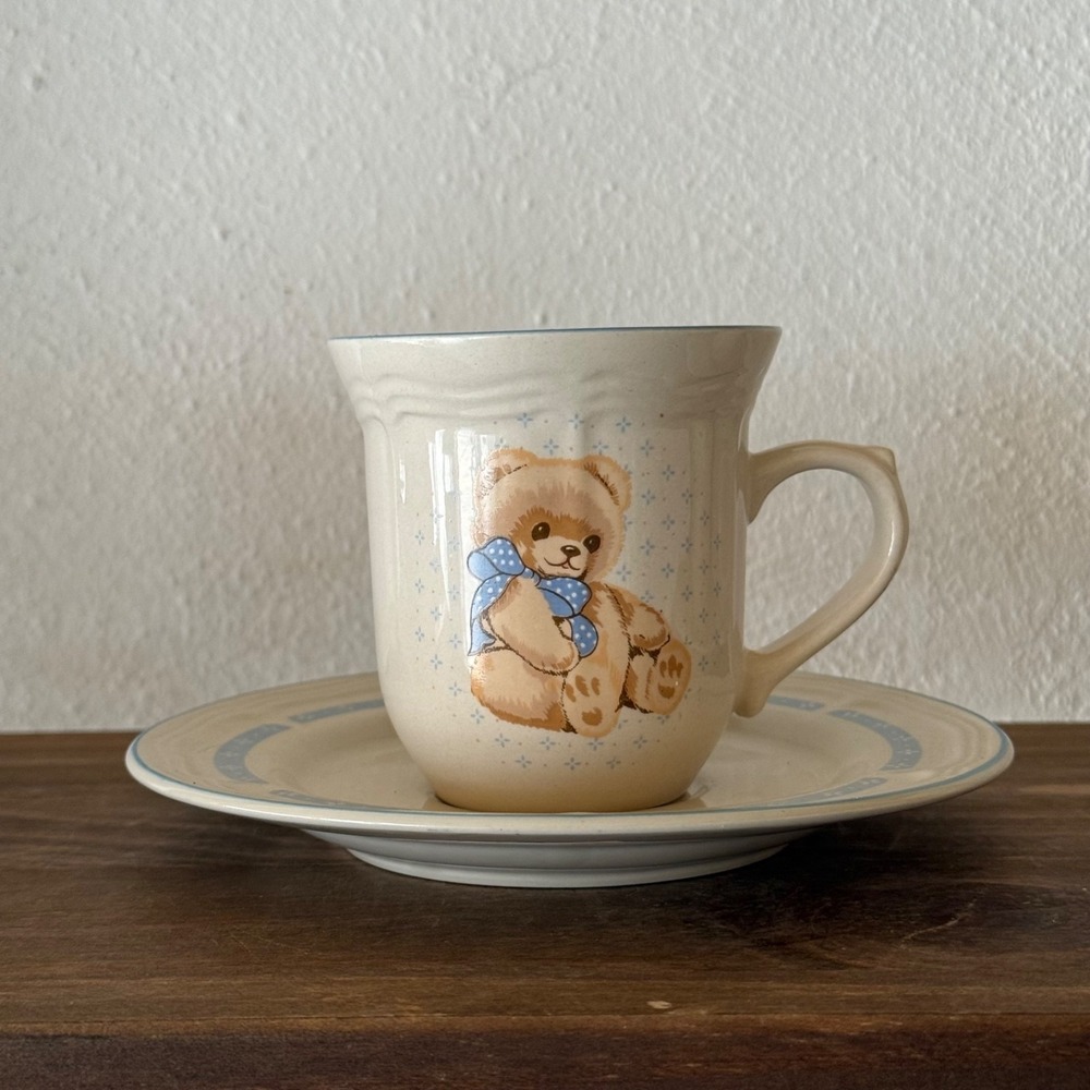 2pc Vintage Tienshan Theodore Country Bear Cup & Saucer Set Blue Bow